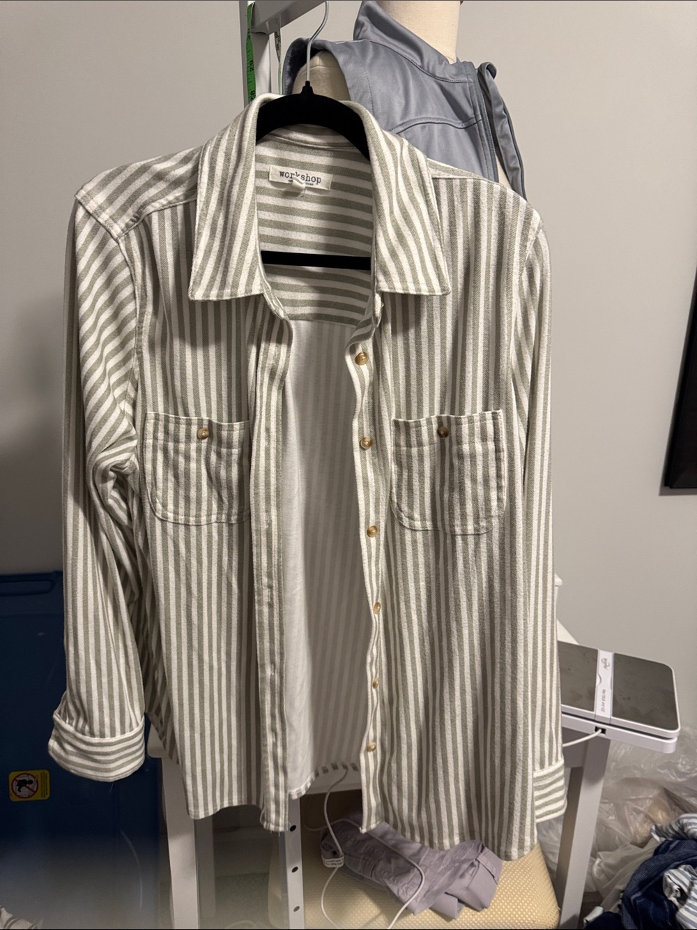 Workshop Republic Clothing Green and White Vertical Stripe Button-Down Shirt